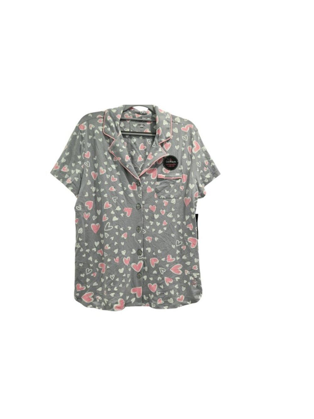 NWT Cuddl Duds Short Sleeve Pajama Top Sz M Gray Pink Heart Print Notch Collar